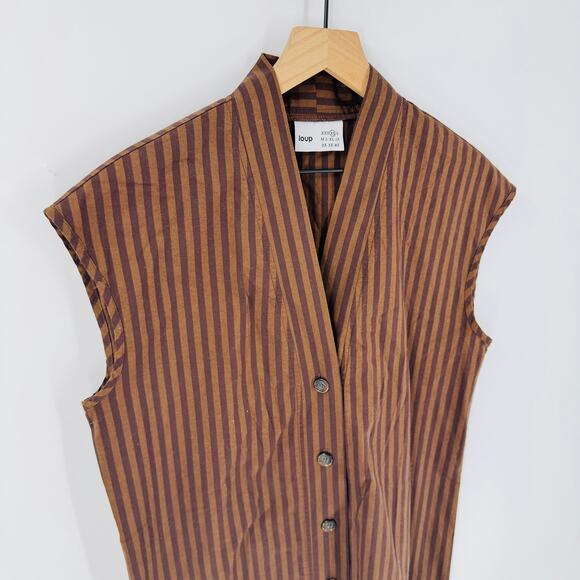 Loup XS Brown Black Striped Button Front Cotton Midi Shift Dress Slow Fashion - Picture 4 of 7